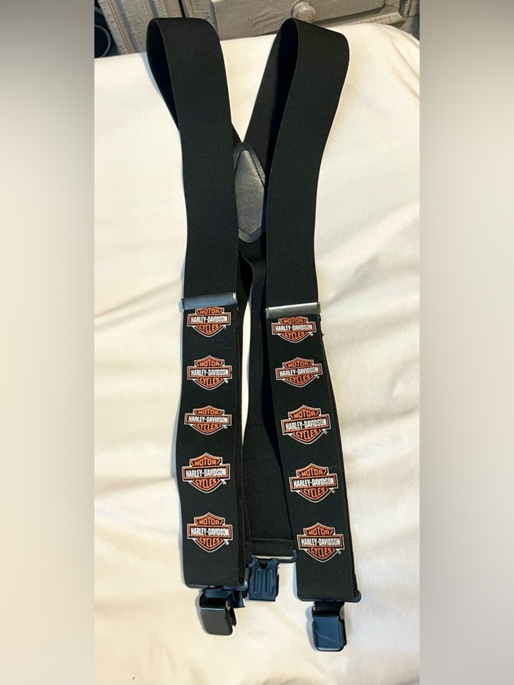 *VINTAGE* HARLEY DAVIDSON Suspenders -Black & Orange Shield  - Adult -Motorcycle